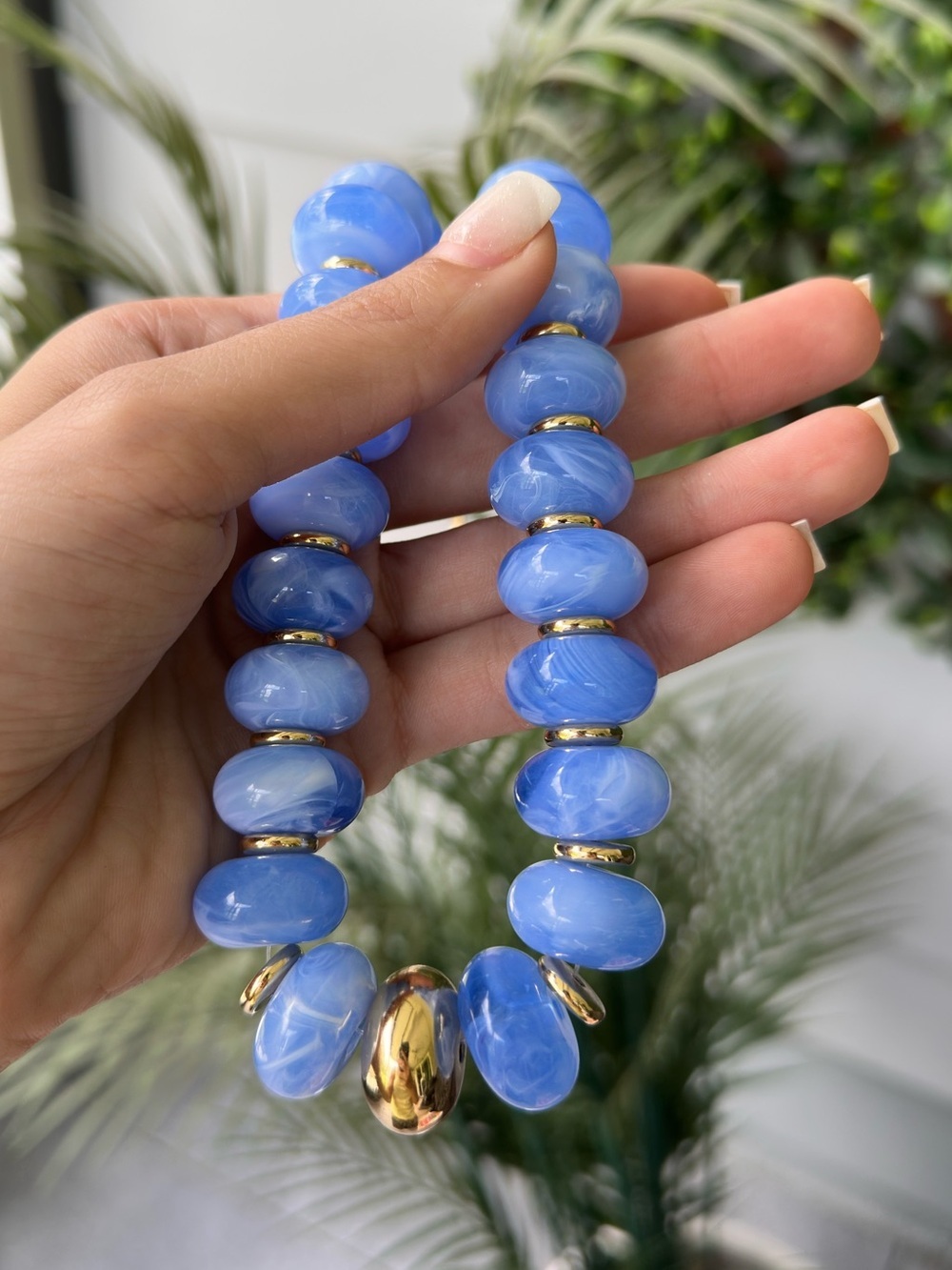 Blue Marbled Bead Statement Necklace with Gold Accents